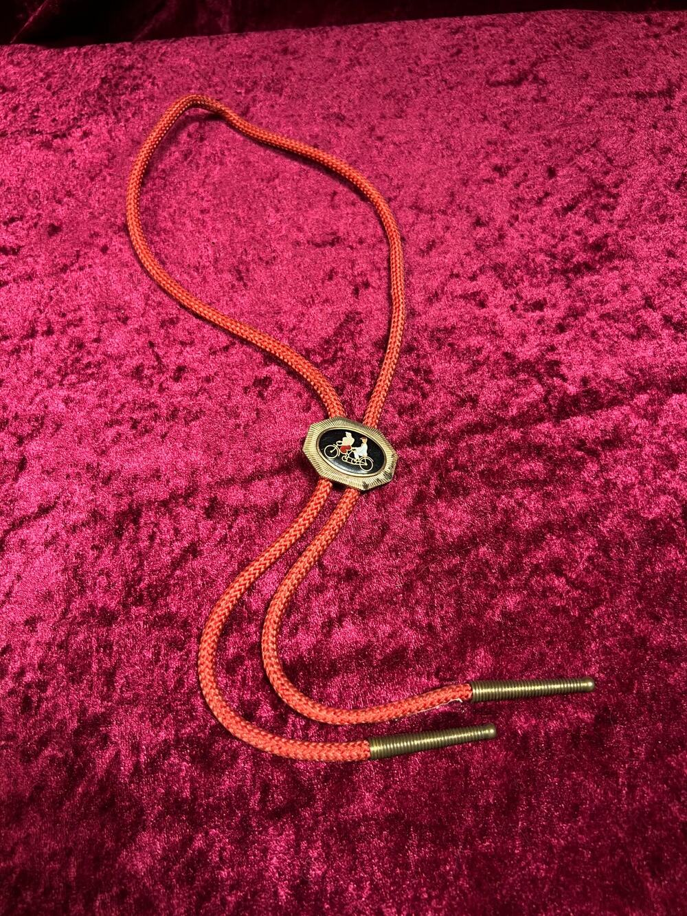 Vintage Metal Bolo Tie - Tandem Bicycle Couple Black Enamel Slide Red Cord